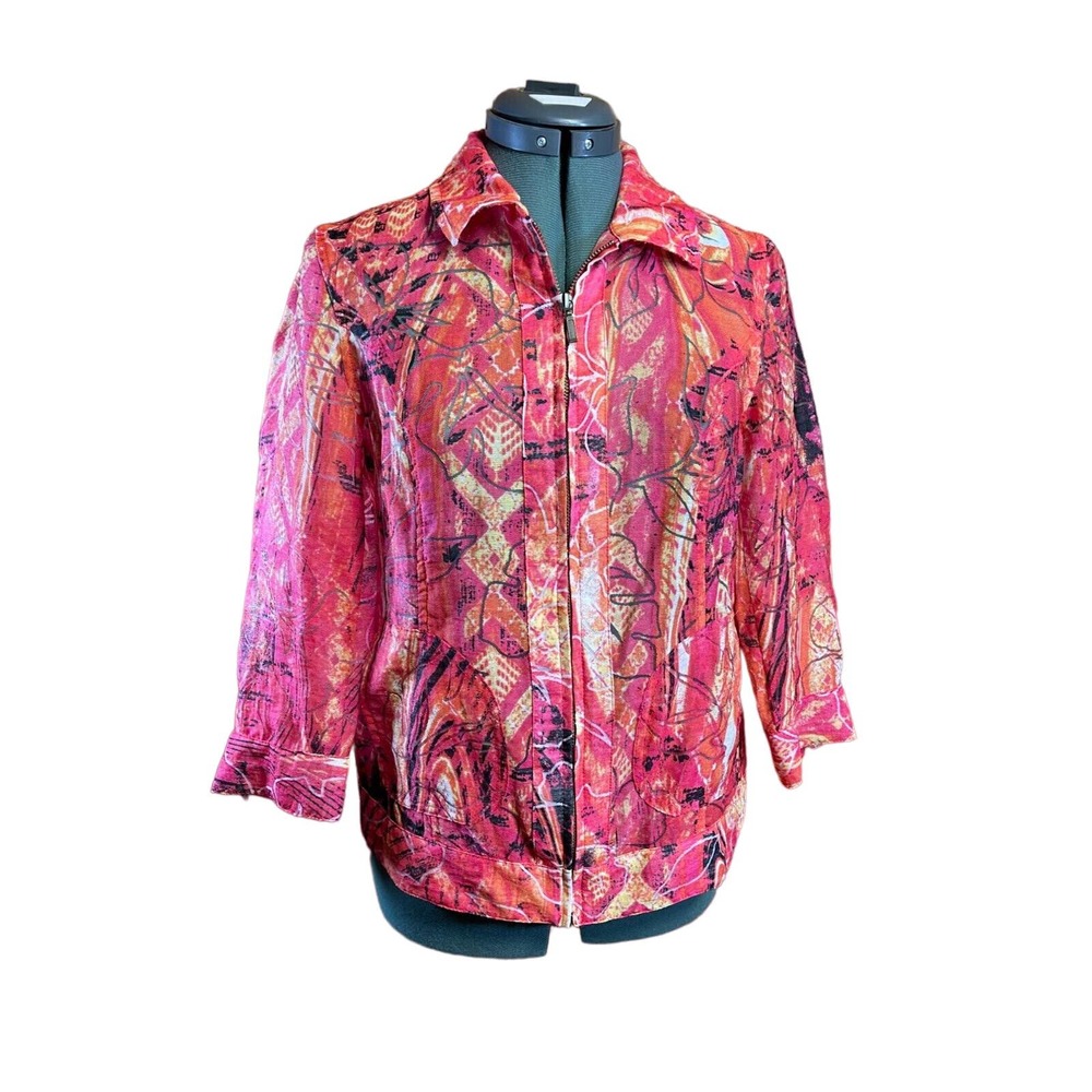 Chicos Blazer Top Womens 0 (4) Full Zip Pockets Collared Loud Bright Long Sleeve